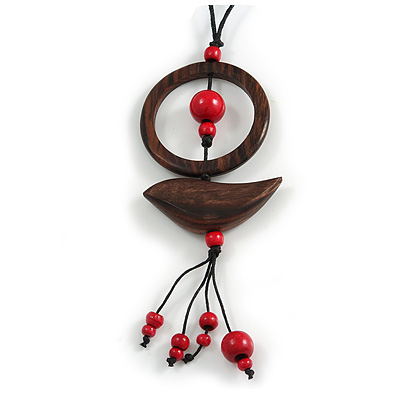 Ring and Bird Wood Bead Pendant with Black Cotton Cord (Brown/ Red) - 78cm Long/ 15cm Pendant - Adjustable