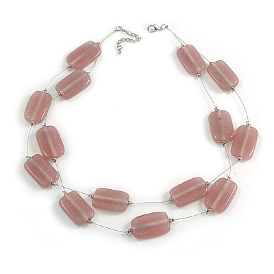 Two Strand Square Dusty Pink Glass Bead Silver Tone Wire Necklace - 48cm L/ 5cm Ext - main view