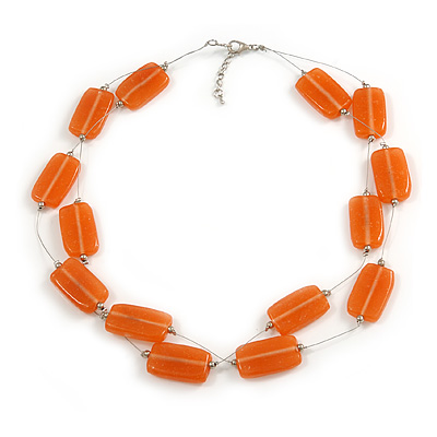 Two Strand Square Peach Orange Glass Bead Silver Tone Wire Necklace - 48cm L/ 5cm Ext - main view