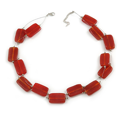Two Strand Square Red Glass Bead Silver Tone Wire Necklace - 48cm L/ 5cm Ext