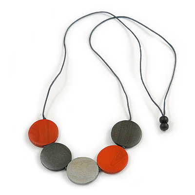 Dark Grey/ Orange/ Metallc Silver Wood Coin Bead Grey Cotton Cord Necklace - 94cm L (Max Length) Adjustable - main view