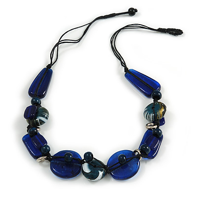 Statement Cluster Ceramic, Wood Bead Necklace with Black Cotton Cord (Blue) - 60cm L