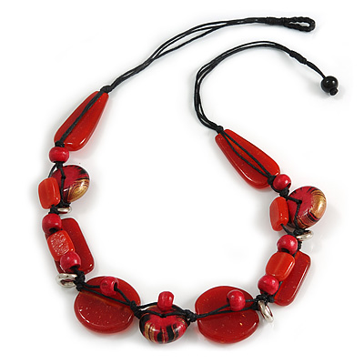 Statement Cluster Ceramic, Wood Bead Necklace with Black Cotton Cord (Red) - 60cm L