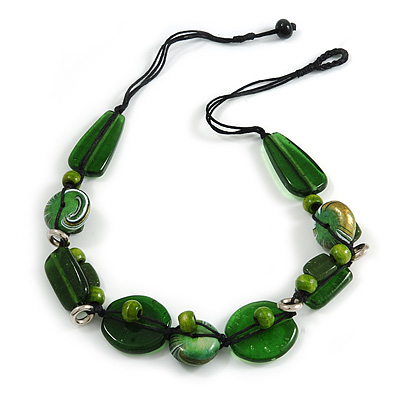 Statement Cluster Ceramic, Wood Bead Necklace with Black Cotton Cord (Green) - 60cm L - main view
