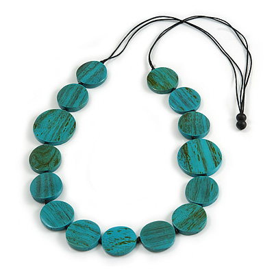Melange Teal Coin Wood Bead Black Cotton Cord Long Necklace - 100cm Long (Max Length) Adjustable - main view