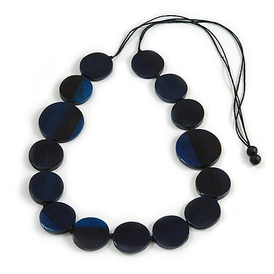 Melange Dark Blue Coin Wood Bead Black Cotton Cord Long Necklace - 100cm Long (Max Length) Adjustable - main view