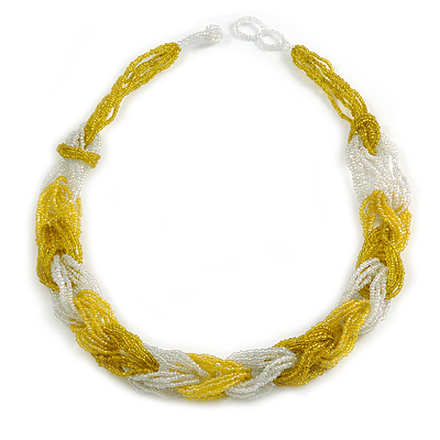 Unique Braided Glass Bead Necklace In Yellow/ Transparent - 52cm Long - main view