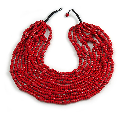Statement Multistrand Layered Bib Style Wood Bead Necklace In Cherry Red - 50cm Shortest/ 70cm Longest Strand - main view