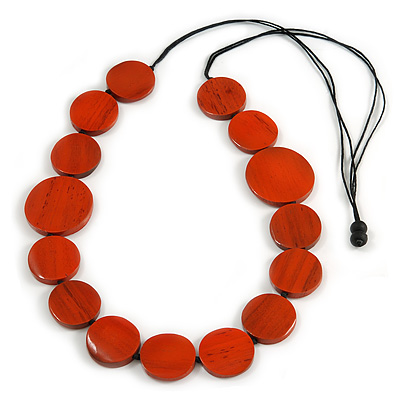 Melange Orange Coin Wood Bead Black Cotton Cord Long Necklace - 100cm Long (Max Length) Adjustable - main view