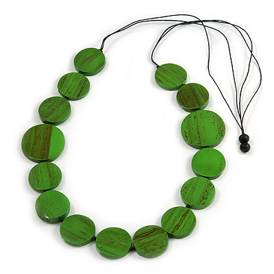 Melange Green Coin Wood Bead Black Cotton Cord Long Necklace - 100cm Long (Max Length) Adjustable - main view