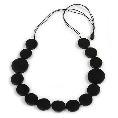 Black Coin Wood Bead Cotton Cord Long Necklace - 100cm Long (Max Length) Adjustable - main view