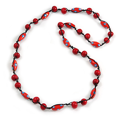 Red Wood Bead Black Cotton Cord Necklace - 80cm L