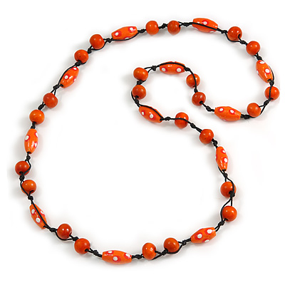 Orange Wood Bead Black Cotton Cord Necklace - 80cm L - main view