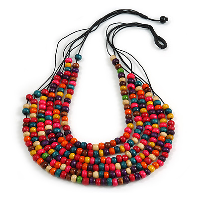 Multistrand Layered Multicoloured Wood Bead Black Cotton Cord Necklace - 72cm Long - main view