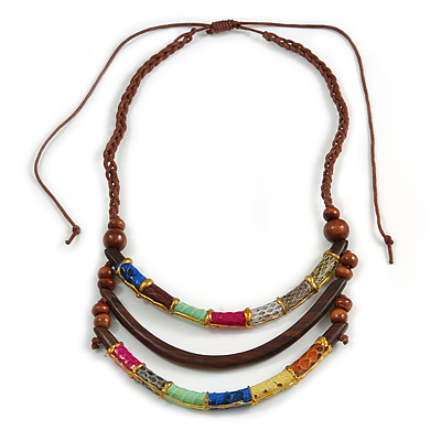 Statement Layered Wooden Bar with Leather Detailing Cotton Cord Necklace (Brown, Multicoloured) - 54cm L (Min)/ Adjustable - main view
