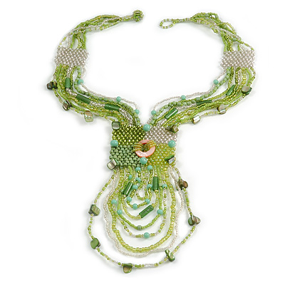 Lime Green/ Transparent Glass Bead, Sea Shell Component Tassel Necklace with Button and Loop Closure - 44cm L (Necklace)/ 17cm L (Tassel) - main view