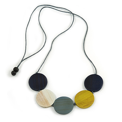 Multicoloured Wood Coin Bead Grey Cotton Cord Necklace - 94cm L (Max Length) Adjustable - main view