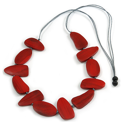 Geometric Melange Red Wood Bead Grey Cotton Cord Necklace - 94cm L (Max Length) Adjustable - main view
