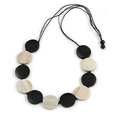 Black/ Off White Coin Wood Bead with Black Cotton Cords Necklace - 86cm L (Max Length) Adjustable