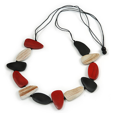 Geometric Melange Red/ White/ Black  Wood Bead Black Cotton Cord Necklace - 94cm L (Max Length) Adjustable - main view