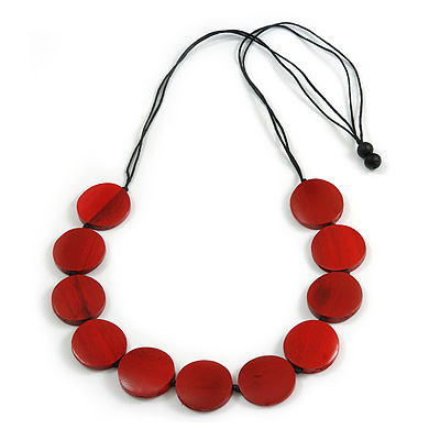 Melange Red Wood Coin Bead Black Cotton Cord Necklace - 84cm L (Max Length) Adjustable - main view