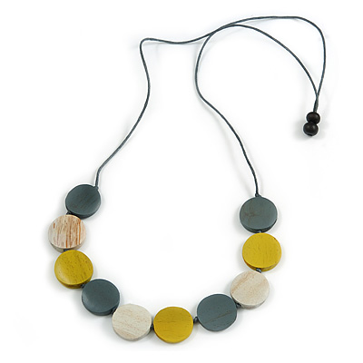 Grey/ Off White/ Dusty Yellow Wood Coin Bead Grey Cotton Cord Necklace - 86cm L (Max Length) Adjustable