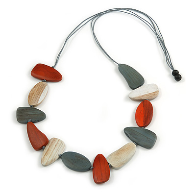Geometric Melange Orange/ White/ Grey Wood Bead Black Cotton Cord Necklace - 94cm L (Max Length) Adjustable - main view