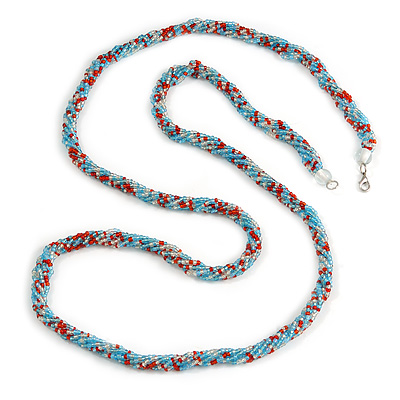 Long Multistrand Twisted Glass Bead Necklace (Light Blue, Red, Transparent) - 120cm L