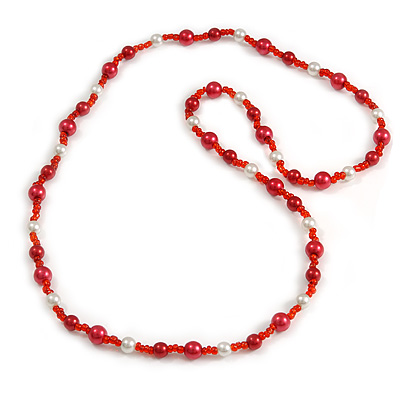 Red/ White Glass Bead Long Necklace - 84cm Long - main view