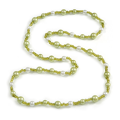 Light Green/ White Glass Bead Long Necklace - 84cm Long - main view
