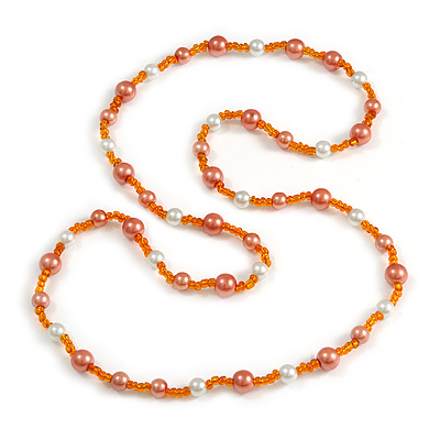 Peach Orange/ White Glass Bead Long Necklace - 84cm Long - main view