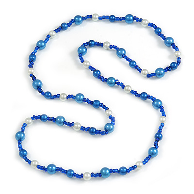 Blue/ White Glass Bead Long Necklace - 84cm Long - main view