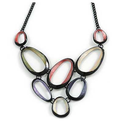 V-Shape Pastel Multicoloured Matte Enamel Oval Cluster Necklace In Black Tone - 40cm L/ 6cm Ext - main view