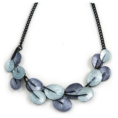Metallic Blue/ Violet Blue Matte Enamel Leaf Necklace In Black Tone - 40cm L/ 6cm Ext - main view