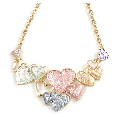 Pastel Multicoloured Matte Enamel Heart Cluster Necklace In Gold Tone - 40cm L/ 6cm Ext - main view