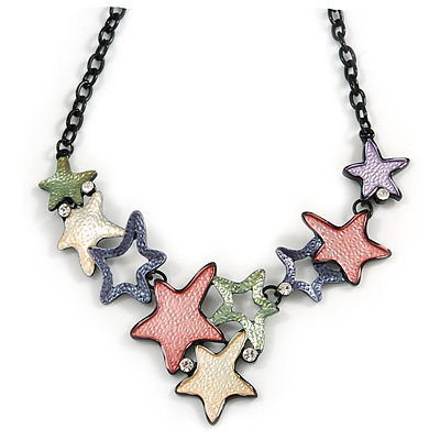 Pastel Multicoloured Matte Enamel Star Cluster Necklace In Black Tone - 40cm L/ 6cm Ext - main view