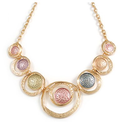 Statement Gold Tone Graduated Hammered Circle Necklace in Pastel Multi - 43cm L/ 6cm Ext