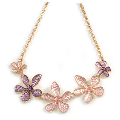 Pastel Pink/ Purple Matte Enamel Flower Cluster Necklace In Gold Tone - 43cm L/ 5cm Ext - main view