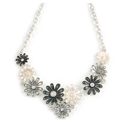Metallic White/ Metallic Silver Matte Enamel Daisy Cluster Necklace In Silver Tone - 42cm L/ 6cm Ext