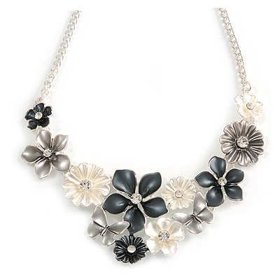 Metallic White/ Metallic Grey Matte Enamel Daisy Cluster and Butterfly Necklace In Silver Tone - 42cm L/ 6cm Ext - 40cm L/ 5cm Ext - main view