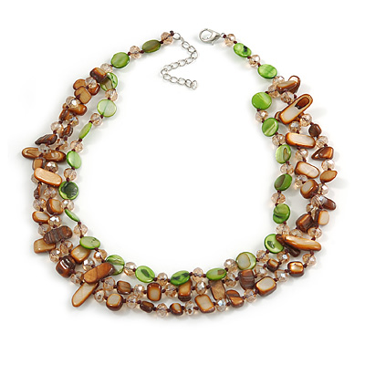 3 Strand Brown/ Green Shell Nugget and Topaz Crystal Bead Necklace with Silver Tone Closure - 50cm L/ 6cm Ext - main view