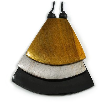 Gold/ Metallic Silver/ Black Geometric Triangular Wood Pendant with Long Black Cotton Cord Necklace - 9cm L Pendant/ 100cm L/ (max length) - Adjust - main view