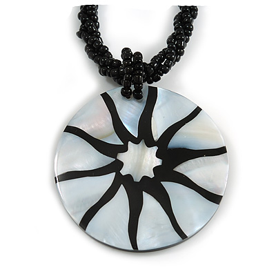 Mother Of Pearl Round Pendant with Twisted Glass Bead Necklace in Black/ White - 44cm L/ 50mm Diameter - main view