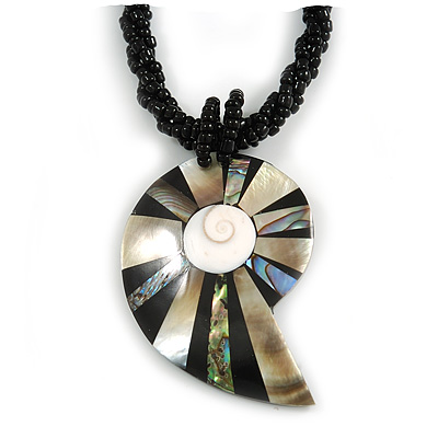 Mother Of Pearl Shell Shape Pendant with Twisted Glass Bead Necklace in Black/ Beige - 44cm L/ 55mm L Pendant - main view