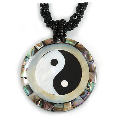 Mother Of Pearl 'Yin Yang' Round Pendant with Twisted Glass Bead Necklace in Black - 44cm L/ 50mm Diameter - main view
