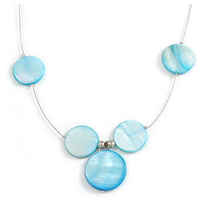 Delicate Floating Light Blue Shell Bead Wire Necklace in Silver Tone - 44cm L - main view