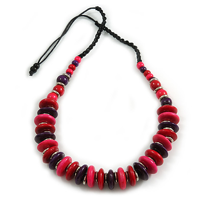 Red/ Purple/ Pink  Wood Button/ Round Bead Black Cotton Cord Necklace - 80cm Max Lenght - Adjustable - main view