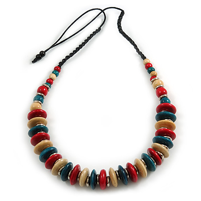 Red/ Natural/ Teal Wood Button/ Round Bead Black Cotton Cord Necklace - 80cm Max Lenght - Adjustable