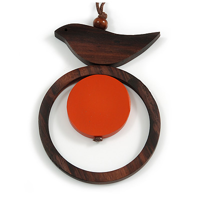 Brown/ Orange Bird and Circle Wooden Pendant Cotton Cord Long Necklace - 84cm L/ 10cm Pendant - main view