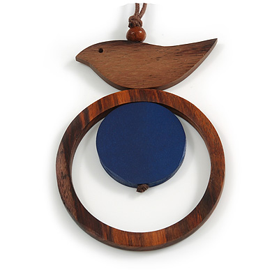 Brown/ Dark Blue Bird and Circle Wooden Pendant Cotton Cord Long Necklace - 84cm L/ 10cm Pendant - main view